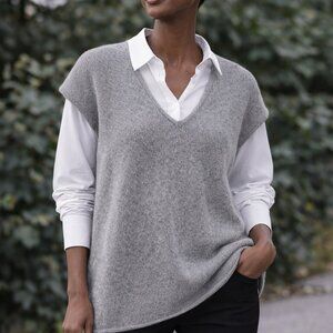 Eileen Fisher Alpaca Cotton Sweater Vest Gray Knit V-Neck Top Size L NWT
